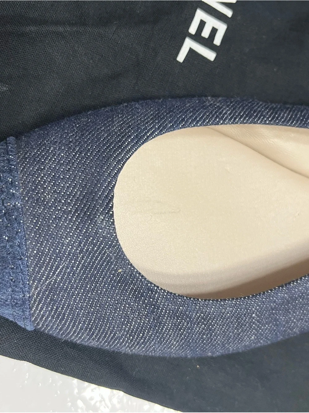 CHANEL Navy Denim Round-Toe Flat Pump